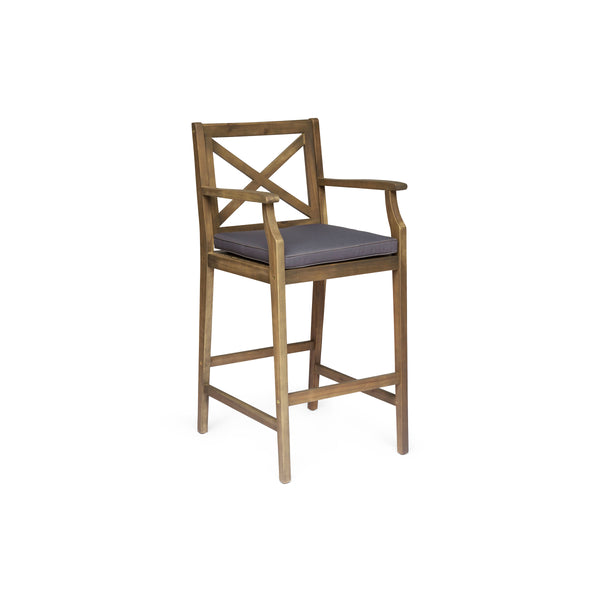 English Elm Christopher Knight Home® - PERLA Acacia Wood Outdoor Barstool Set of 2 with Water-Resistant Cushions, Cross-Back Farmhouse Charm Grey 63748.00GGRY