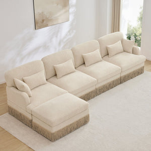English Elm 131"comfy Chenille Leopard Print Sectional Sofa with Tassel Trim and Movable Ottoman Beige W5656S00008