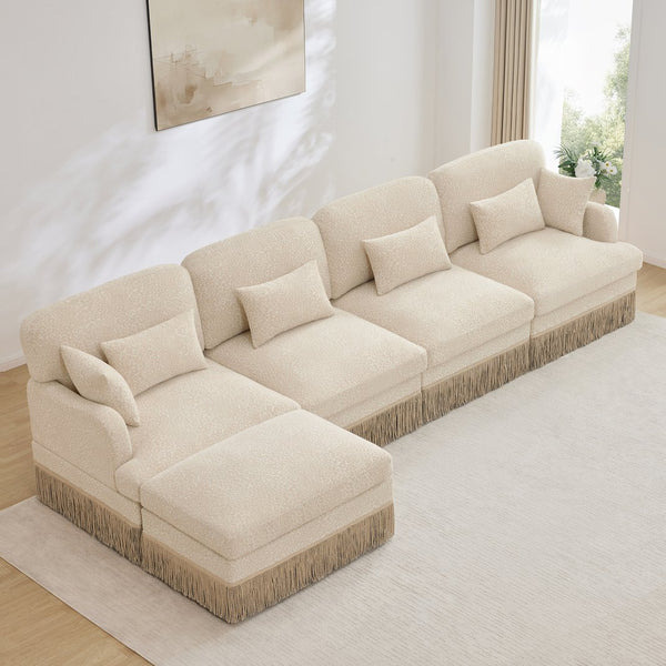 English Elm 131"comfy Chenille Leopard Print Sectional Sofa with Tassel Trim and Movable Ottoman Beige W5656S00008