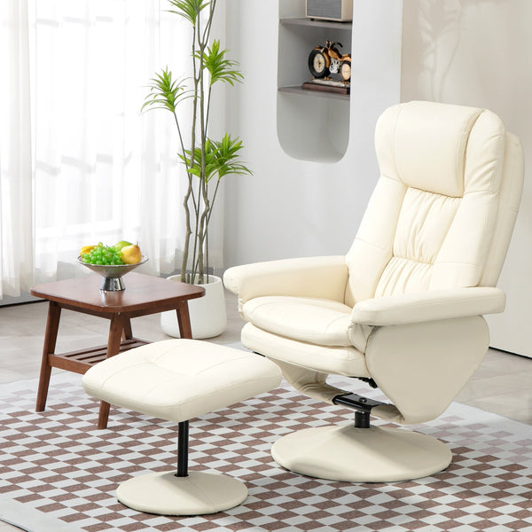 English Elm HOMCOM Plush PU Leather Swivel Recliner with Ottoman, 360° Rotating Relaxing Chair with Footrest and Adjustable Backrest for Living Room Office Comfort Cream White W2225P217429