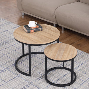 English Elm 24" Round Nesting Coffee Tables Natural Oak Mdf Top Metal Frame Modern Industrial Set W3151P412658