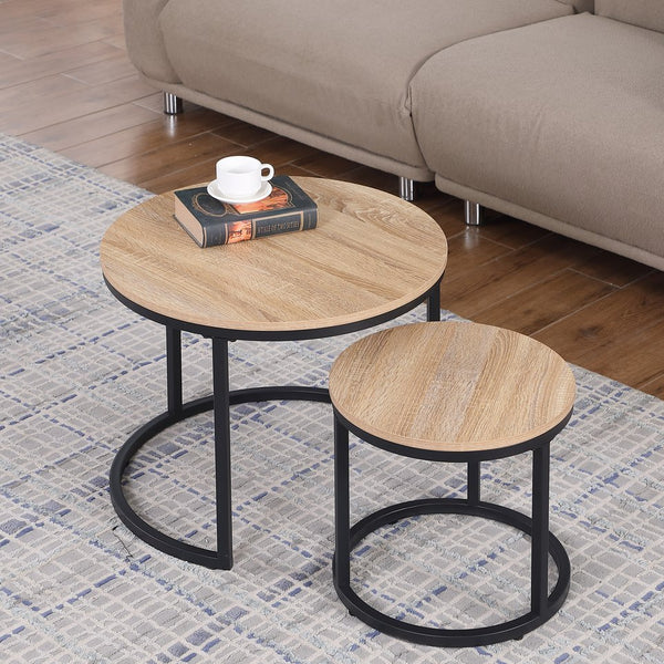 English Elm 24" Round Nesting Coffee Tables Natural Oak Mdf Top Metal Frame Modern Industrial Set W3151P412658