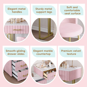 English Elm Velvet Upholstered Vanity Desk Set with Marble-Look Top, Padded Chair, 5 Spacious Drawers & Gold Accents Pink 17.5 L x 16.3 W x 16.1 H N733S272606H