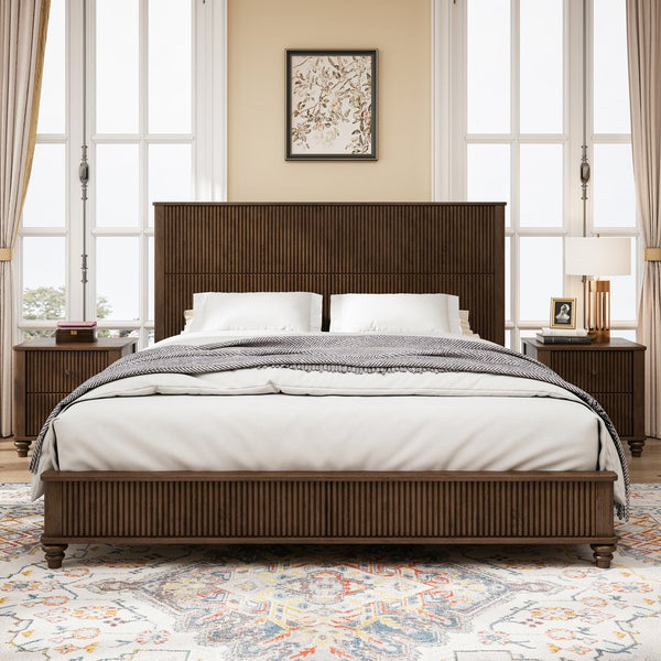 English Elm Solid Rubberwood Queen Platform Bed Tall Headboard Natural Grain No Box Spring W1716S00017