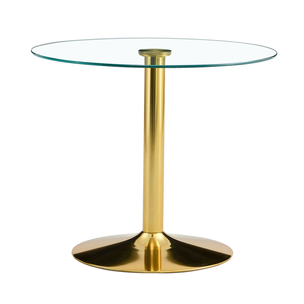 English Elm A 35-inch tempered glass round dining table with gold metal legs, modern minimalist design, seats 4-6 comfortably W1512P381456