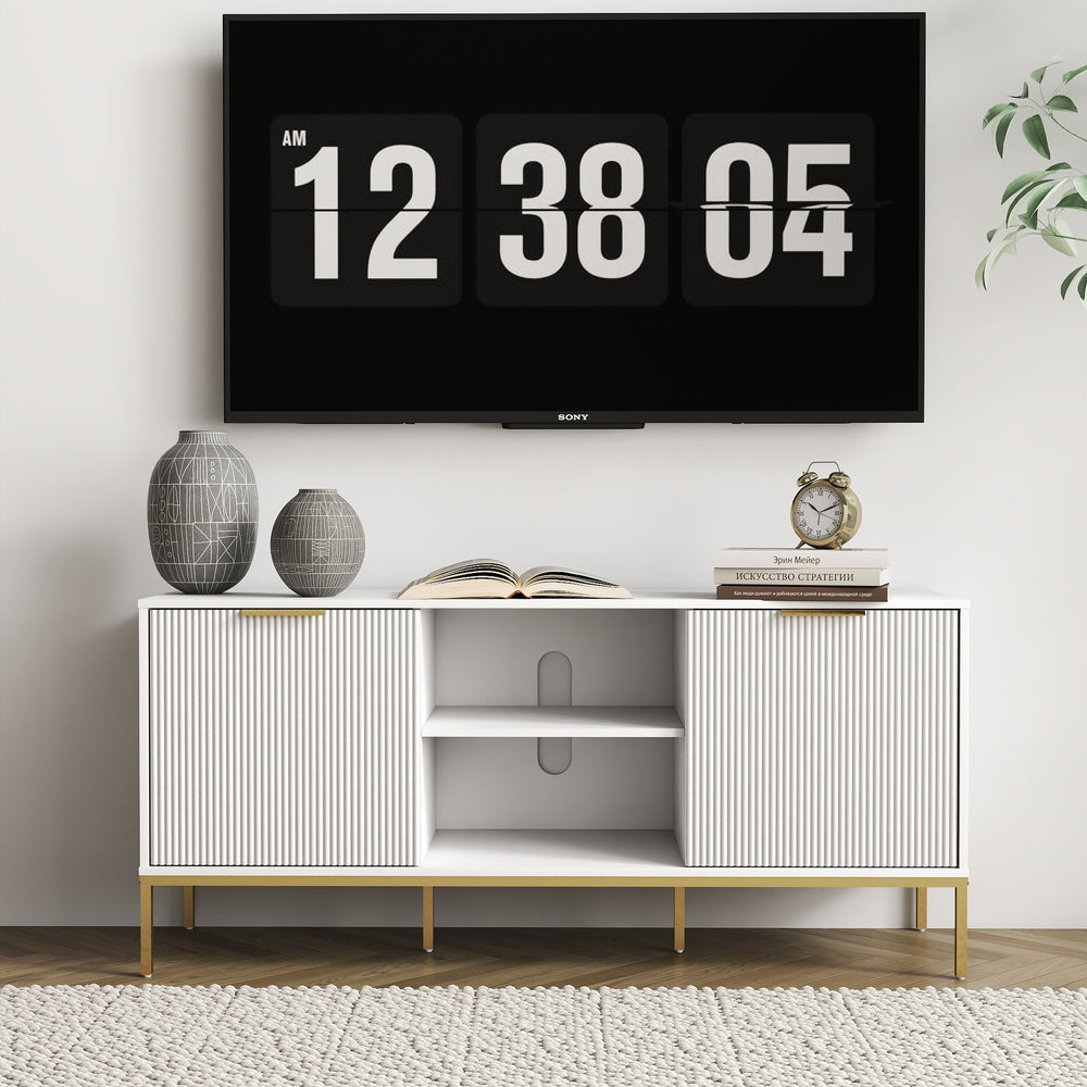 English Elm Modern TV Stand White Gold with Wave-Design Doors, Open Center Shelf, Adjustable Inner Shelf, Chic Legs W3151P288928