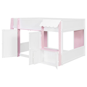 English Elm Twin House Loft Bed with Pull Out Rolling Desk Stair Drawers and Cabinet Storage N820S00074H