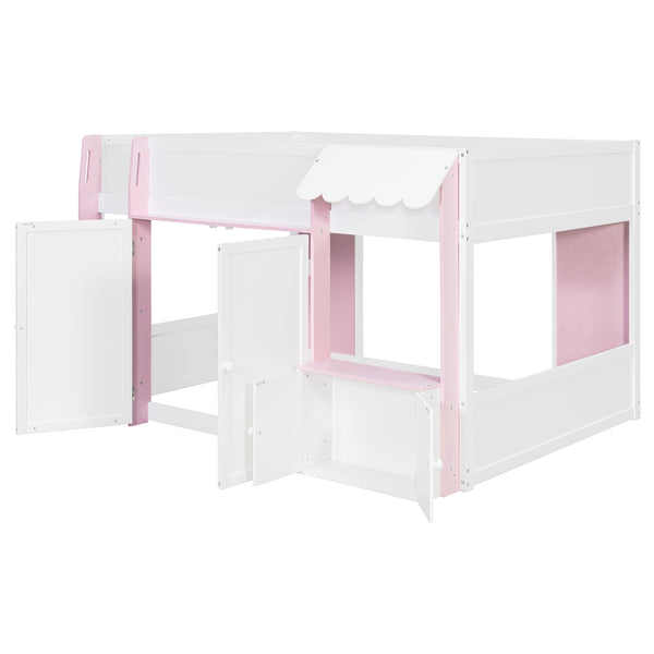 English Elm Twin House Loft Bed with Pull Out Rolling Desk Stair Drawers and Cabinet Storage N820S00074H