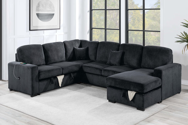 English Elm Modern Corduroy 4-piece Sectional with Storage Pull Out Bed and Usb Charging Port Black B011S02180