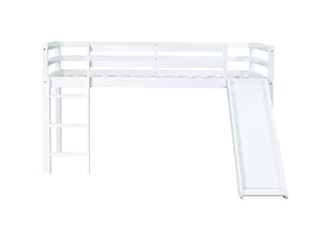 English Elm Twin Low Loft Bed with Slide and Ladder for Kids, Rubberwood Frame, Safety Guardrails & Playspace White W504P218525