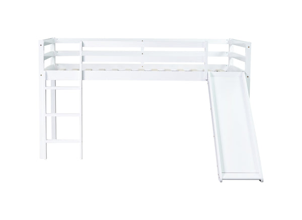 English Elm Twin Low Loft Bed with Slide and Ladder for Kids, Rubberwood Frame, Safety Guardrails & Playspace White W504P218525