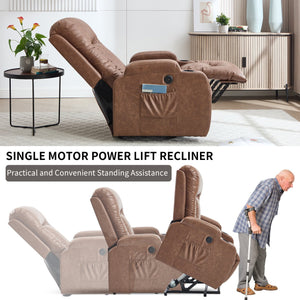 English Elm Beige Pu Leather Power Lift Recliner with Massage Lumbar Heat and Usb Charging Brown W1803S00083