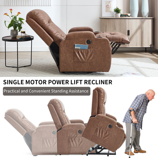 English Elm Beige Pu Leather Power Lift Recliner with Massage Lumbar Heat and Usb Charging Brown W1803S00083