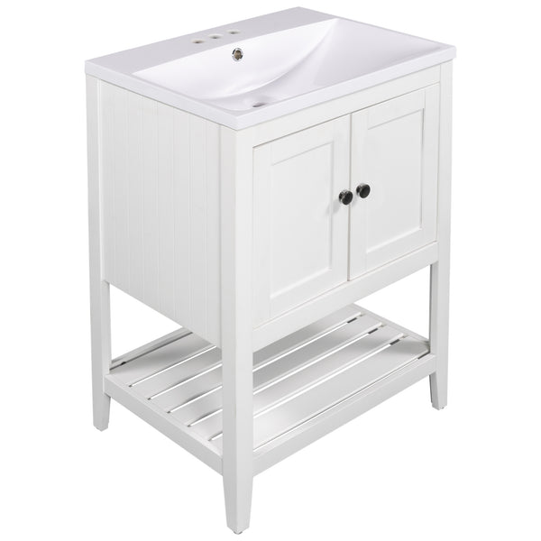 English Elm [video] 24 Inch Freestanding Bathroom Vanity Birch Wood Frame Ceramic Sink Open Shelf JL000004AAK