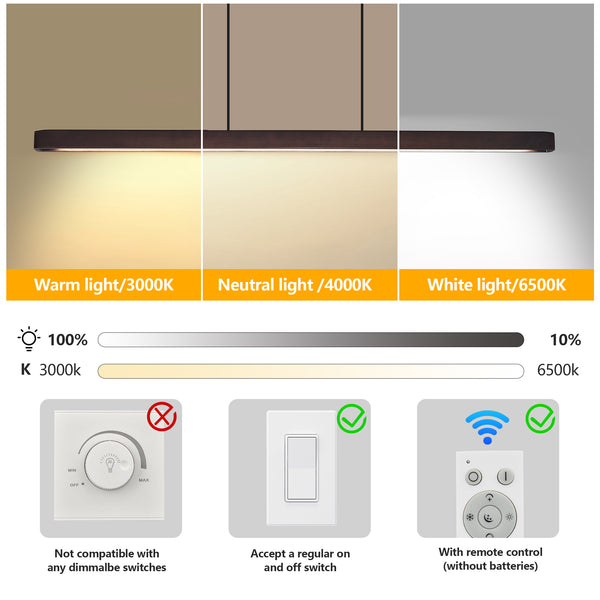 English Elm 51-inch Walnut Wood Linear Led Pendant Tunable Warm Light for Dining or Kitchen W1340P264189