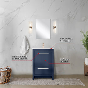 English Elm Navy Blue Bath Vanity Set With White Quartz Top, Rose Gold Faucet & 18 In. Coordinating Mirror B2731S02026