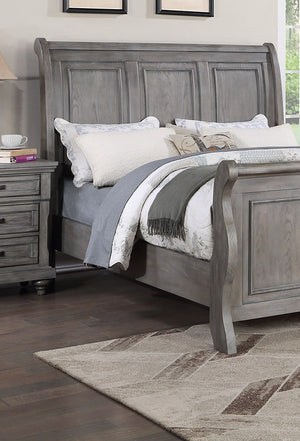 English Elm Grey Sleigh Design Queen Bed with 3-Panel Headboard in Antique Gray Oak Finish — Transitional Barn Style Bedroom B011S01396