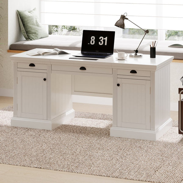 English Elm 67''Modern Executive Desk with 3 Drawers & 2 Cabinets, Spacious White MDF Workstation with Adjustable Shelves and Chic Vertical Edge Design for Home Office N751S211942K