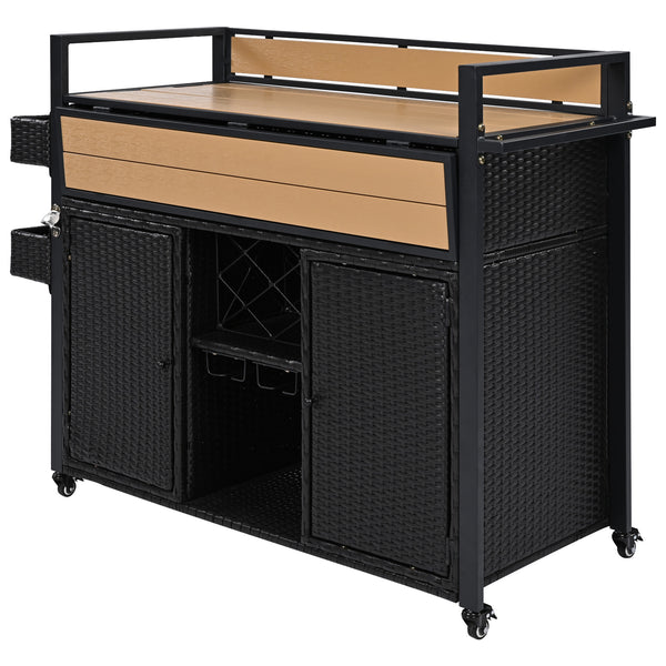 English Elm K&K Wicker Outdoor Grill Cart with Foldable Drop Leaf, Locking Wheels, Wine Rack & Ample Storage Black Brown N707P233747B