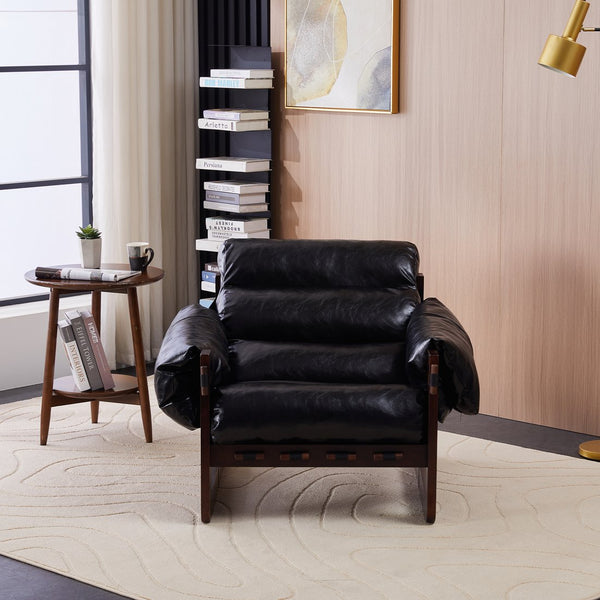 English Elm Medieval premium lounge chair with oil-waxed leather, removable cushion, mortise & tenon frame stability Antique Black W2989P328542