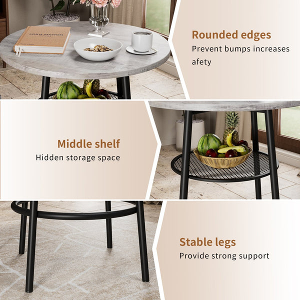 English Elm 3 3-Piece Round Bar Table Set with Backrest & Partition, Compact Grey MDF Metal Bistro for 2, Durable W578P303846