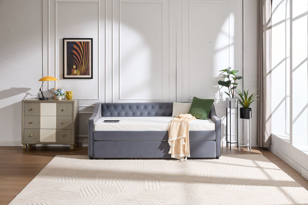 English Elm Twin Velvet Daybed with Pull Out Trundle Tufted Back Usb Port and Side Pockets Grey W1361S00036