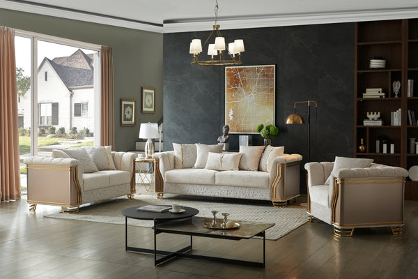 English Elm Chateau Three Piece Living Room Sofa Set Cream Upholstery Gold Steel Legs Glam B009S02179