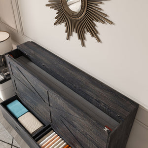English Elm 57 Inch Murphy Bed Cabinet with Storage Drawers Charging Station and Rolling Casters Carbon Black W509S00157