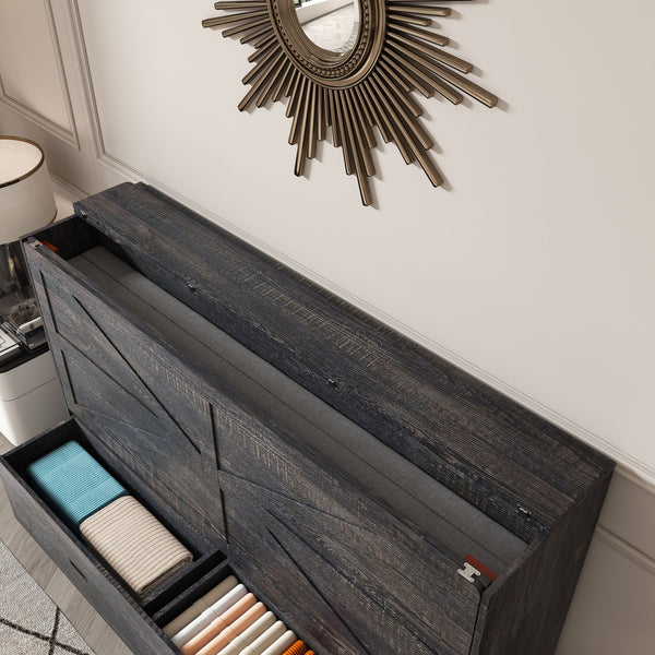 English Elm 57 Inch Murphy Bed Cabinet with Storage Drawers Charging Station and Rolling Casters Carbon Black W509S00157