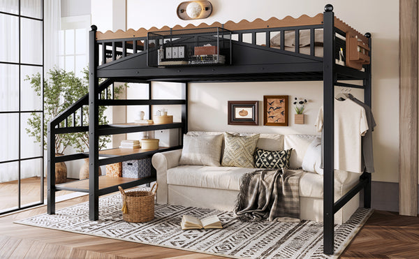 English Elm Twin Xl Metal Loft Bed with Stair Storage Shelves Sturdy Steel Frame for Dorms W1580S00379