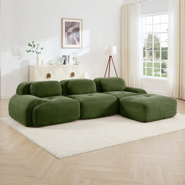 English Elm L-shaped Modular Corduroy Sectional Sofa Ergonomic Low Profile Living Room Seating Olive Green W714S01258