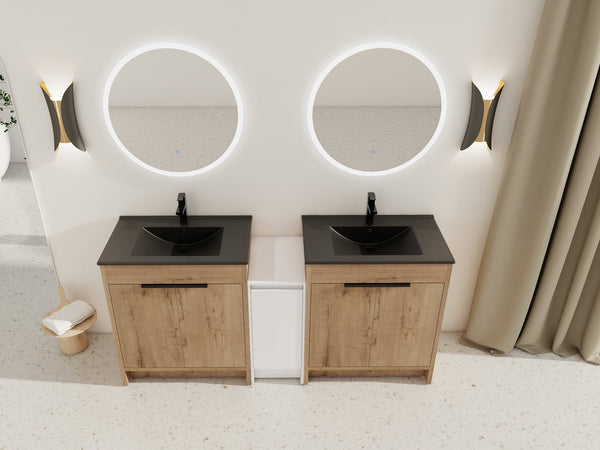 English Elm 72 Inch Freestanding Bathroom Vanity With Black Ceramic Sink, Soft-Close Doors & Ample Storage W999S00324