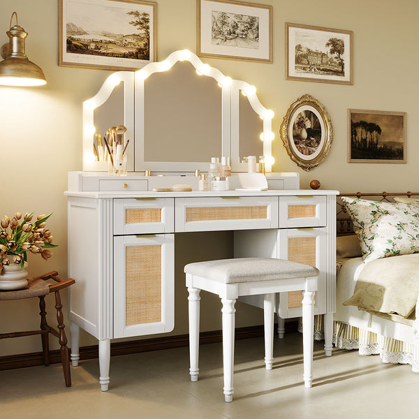 English Elm 44.37 Inch Hollywood Led Vanity Desk Tri-fold Mirror Bamboo Drawers Bedroom White N704P342558K
