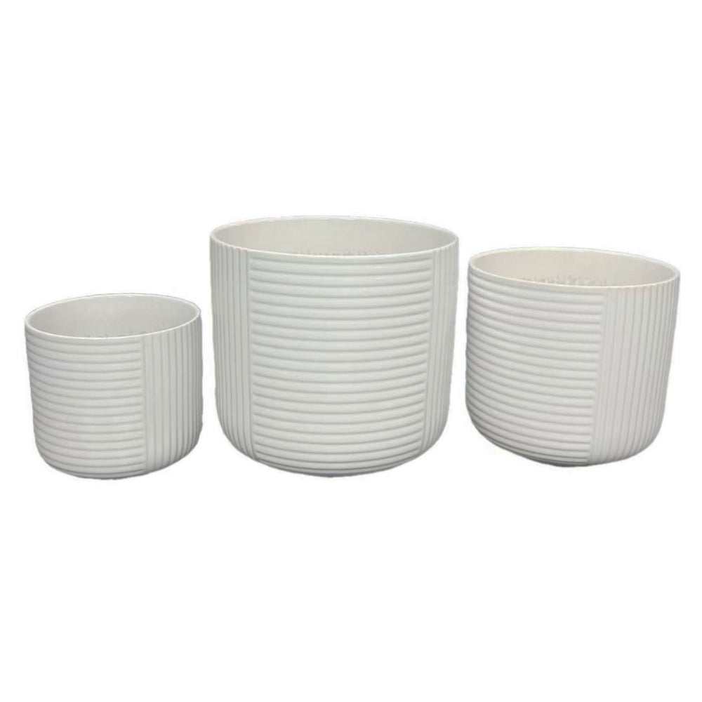 English Elm Kena Matte White Ceramic Ribbed Planter Trio Architectural Geometric Set for Modern Decor B056P417094