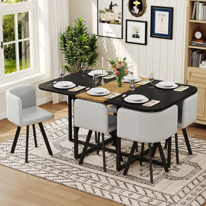 English Elm 7 Piece Modern Dining Set Six Gray Pu Chairs Two Tone Wood Metal Table for Apartments W3875S00102