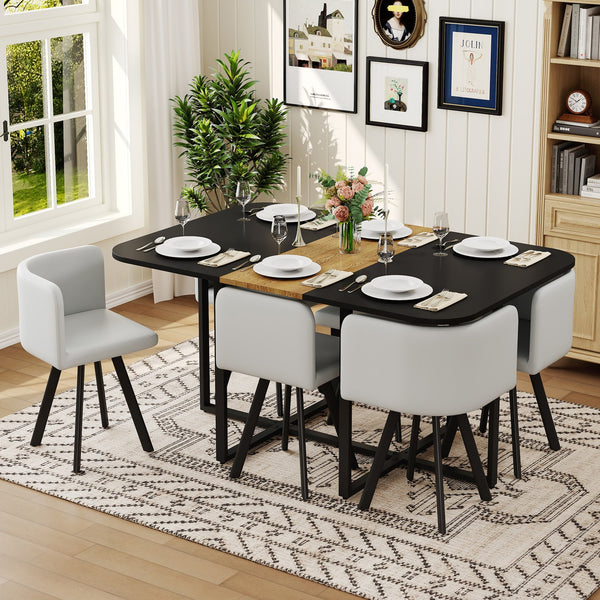 English Elm 7 Piece Modern Dining Set Six Gray Pu Chairs Two Tone Wood Metal Table for Apartments W3875S00102