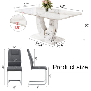 English Elm Table And Chair Set - Modern Marble Pattern Mdf Dining Table With 6 Dark Gray Pu Chairs, Ergonomic Comfort W1151S02186-GIGA