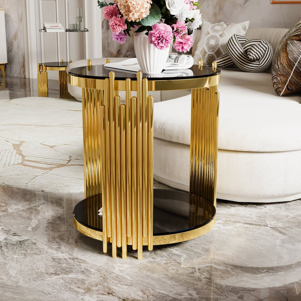 English Elm Modern Round Mirrored Glass End Table with Gold Metal Frame and Lower Display Shelf Black N735P380092B