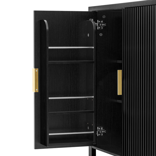English Elm U_style Striped Four Door Sideboard Mdf Buffet Cabinet with Adjustable Shelves for Dining Black N711P345170B