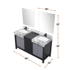 English Elm Black Double Bath Vanity 60" With Castle Grey Marble Top, Matte Black Faucets & 28" Mirrors Included B2731S01155