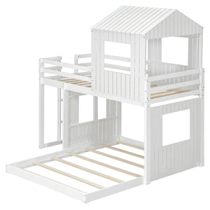 English Elm Wooden Twin Over Full Bunk Bed Farmhouse Playhouse Design with Ladder Guardrails LT000327AAK-1