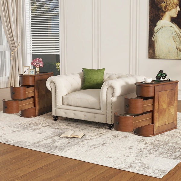 English Elm End Table With Built-In Charging Station & Storage Drawers - Fully Assembled, No Assembly Needed! W2593P289124