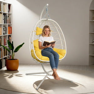 English Elm Hanging Egg Chair with Stand Pe Wicker Ergonomic Swing Seat for Patio or Bedroom T5880P497558