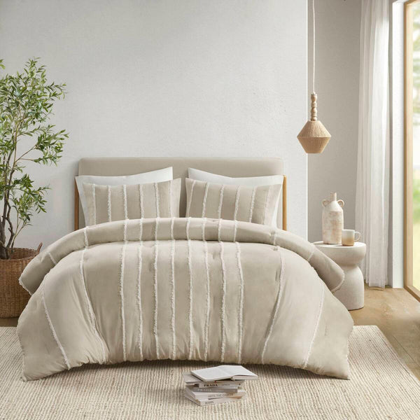 English Elm 3 Striped Cotton Comforter Set Full/Queen with Clip Jacquard Trim, Hypoallergenic OEKO-TEX Certified Bedding taupe 22.83 L x 22.05 W x 10.63 H B035P268144