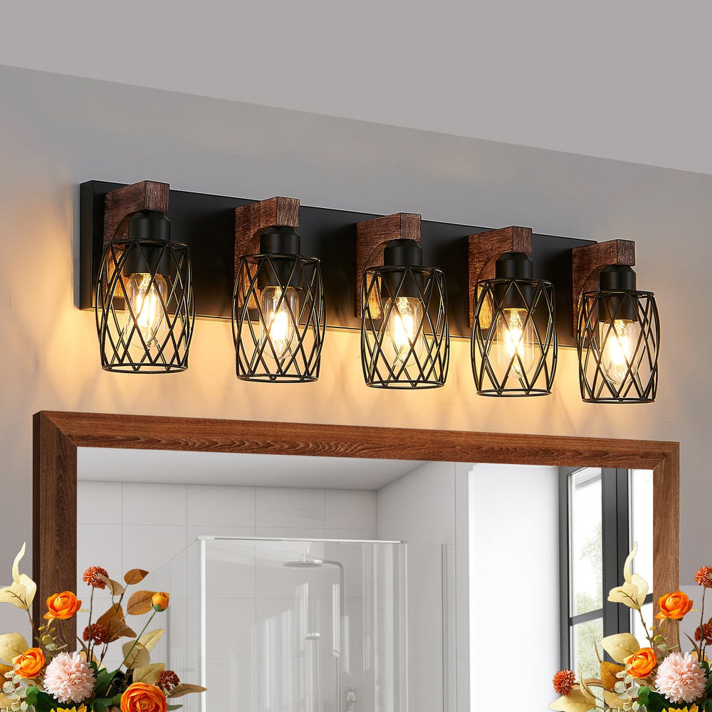 English Elm 31" Industrial Vintage 5-Light Wall Sconce with Black Iron Cage & Walnut Wood Accents for Bathroom, Hallway, Vanity Lighting W1340P276815