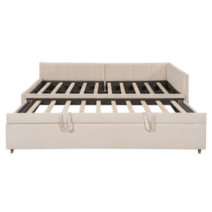 English Elm Full L-Shaped Upholstered Daybed with Twin Pop-Up Trundle, Vertical Stripe Design, Cozy Lounge Style (98) Beige SF000191AAA