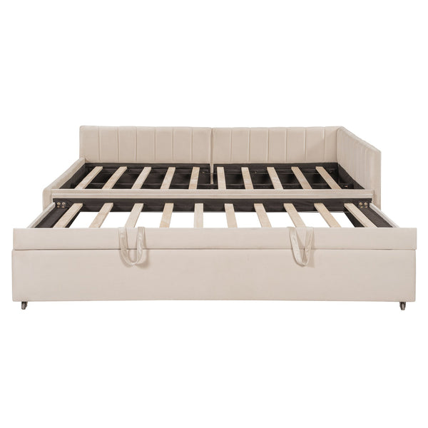 English Elm Full L-Shaped Upholstered Daybed with Twin Pop-Up Trundle, Vertical Stripe Design, Cozy Lounge Style (98) Beige SF000191AAA