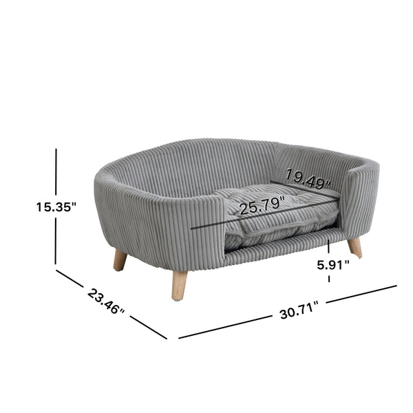 English Elm Elevated Pet Sofa with Corduroy Upholstery Rubberwood Legs and Supportive Foam for Small Dogs Grey N779P395017G