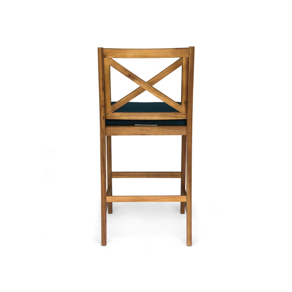 English Elm Christopher Knight Home® - PERLA Acacia Wood Outdoor Barstool Set of 2 with Water-Resistant Cushions, Cross-Back Farmhouse Charm Blue 63748.00BLU