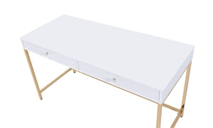 English Elm Ottey Gloss White Vanity Desk with Gold Metal Legs, 2 Drawers, High-Gloss MDF Top, Contemporary Design B2726P315732